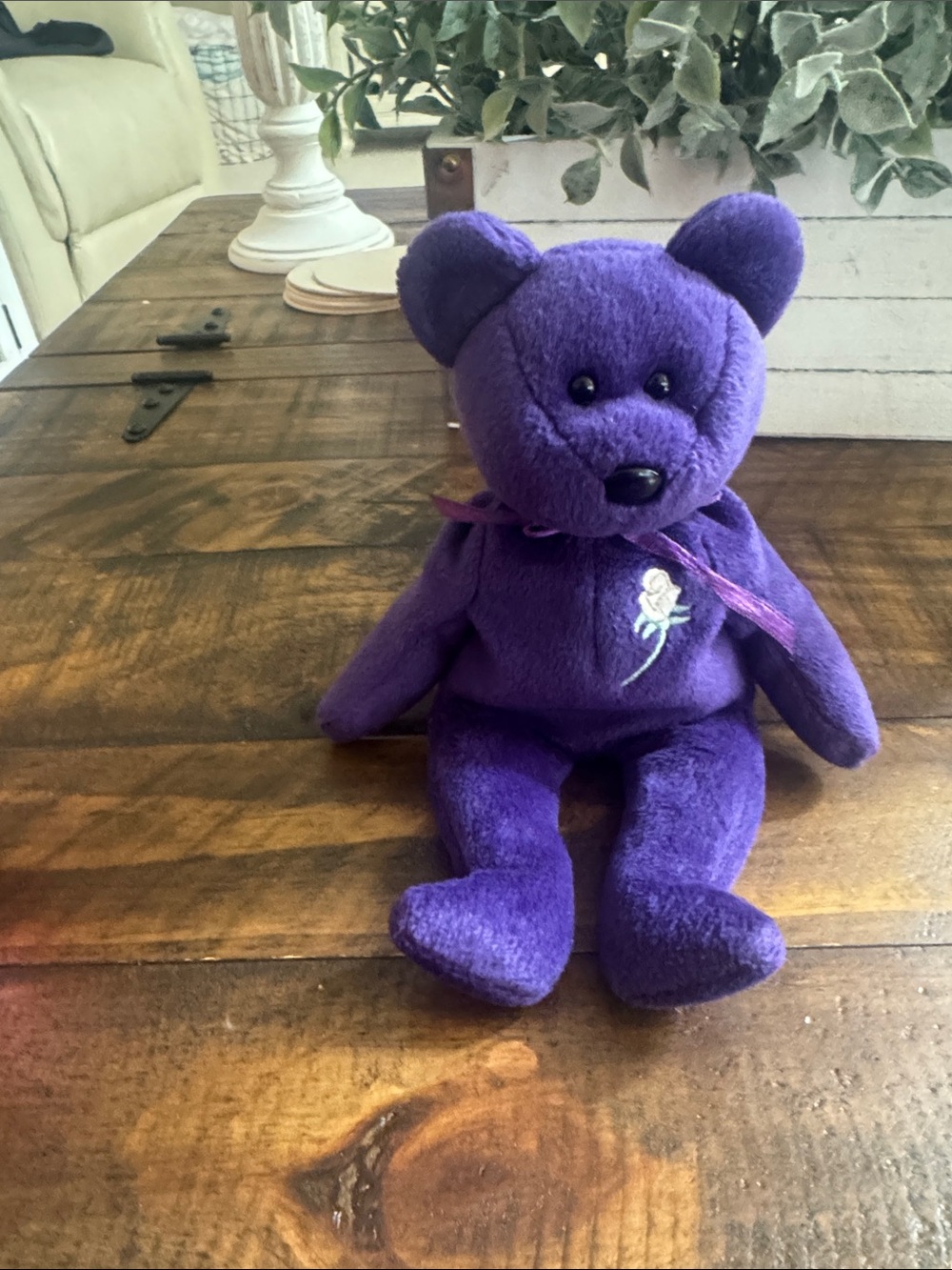 Princess Lady Diana - Beanie Baby Purple Teddy Bear with Embroidered Rose
